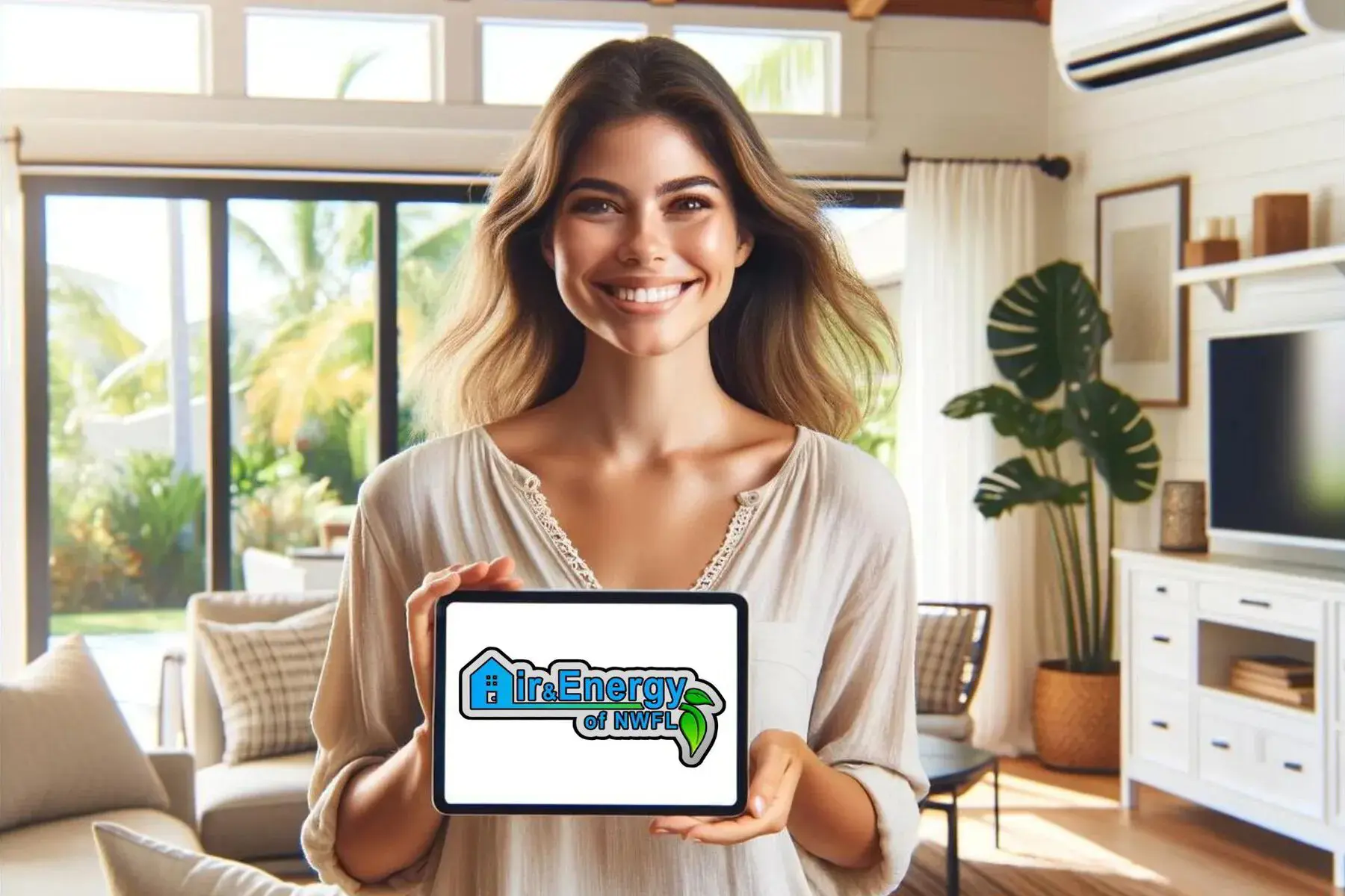Female homeowner holding an ipad with Air and Energy Logo