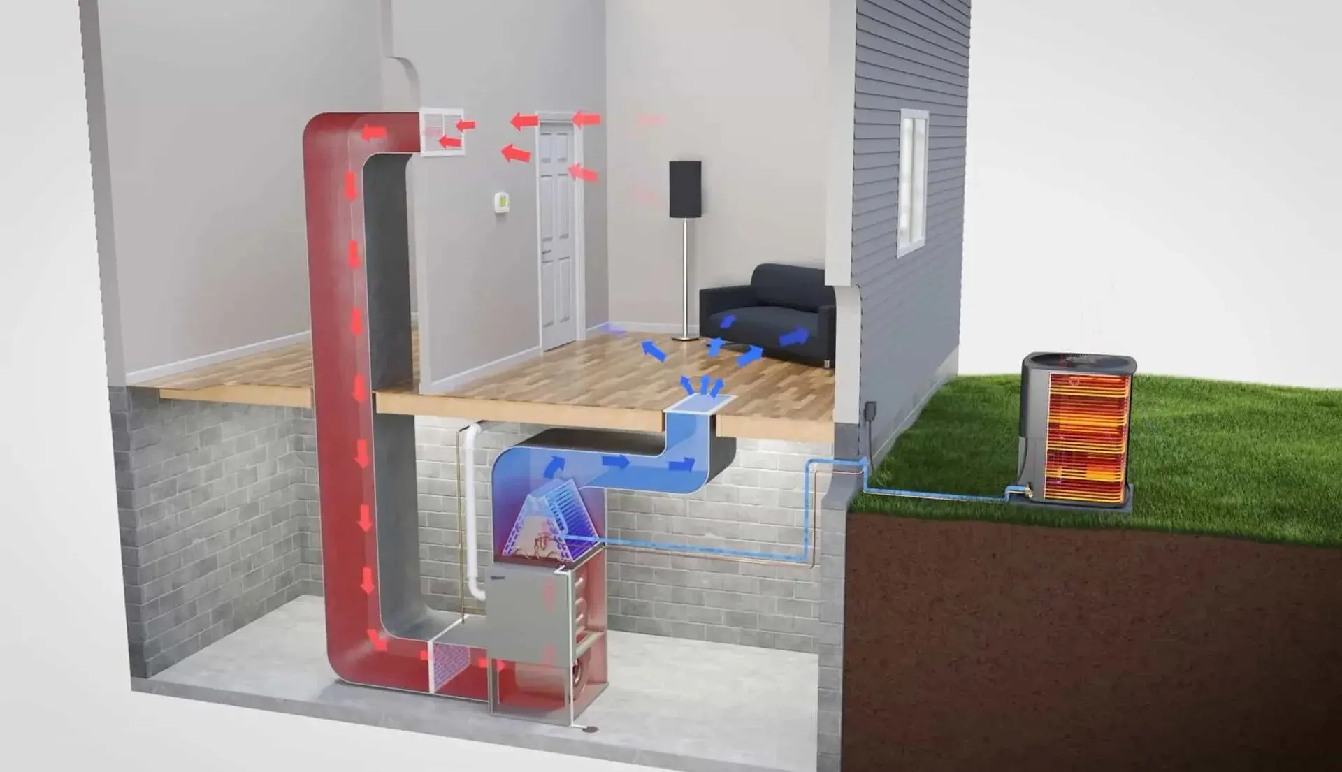 Illustration of a ducted air conditioning system, showing the flow of cool air into a home, and the return flow of hot air